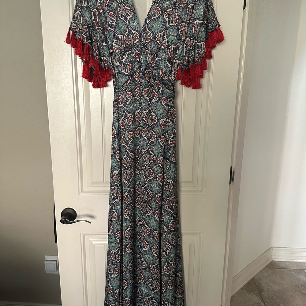 Anthropologie Patterned Maxi Dress with Red Tassels